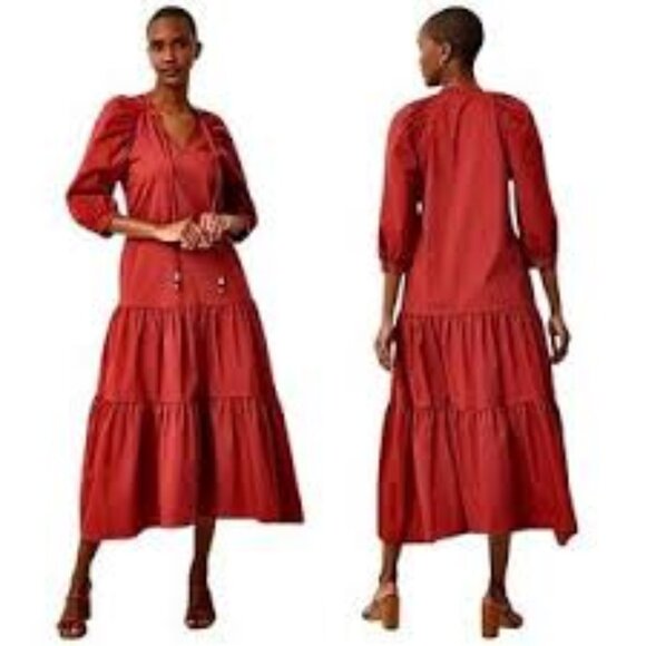 BOSS by Hugo Boss Depera Poplin Tiered Midi-Maxi Dress in Burnt Sienna - Fall! 4 - Picture 9 of 16